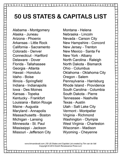 Free Printable List Of Us States And Capitals