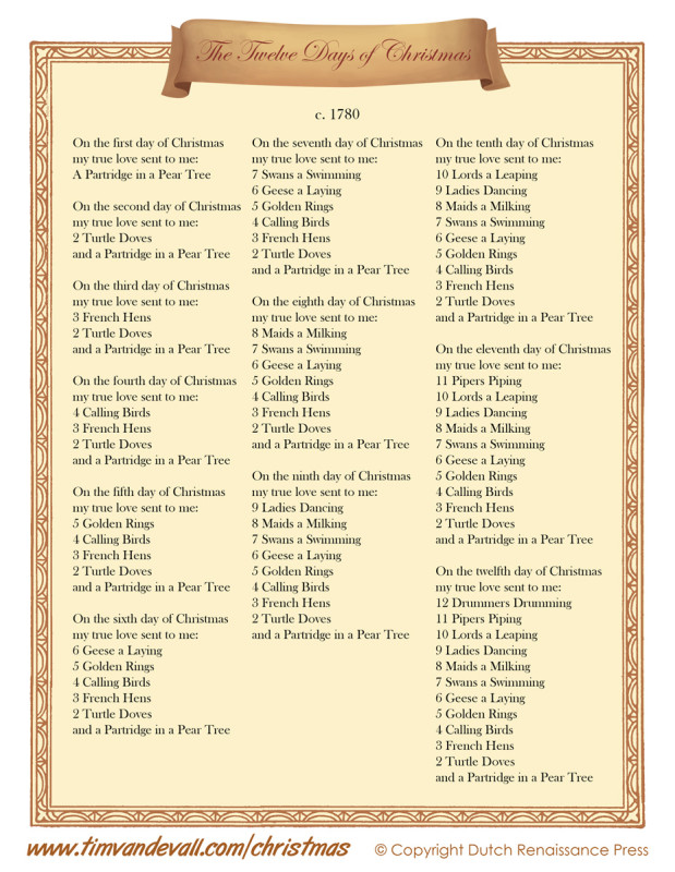 What Are The Lyrics To 12 Days Of Christmas Printable Online
