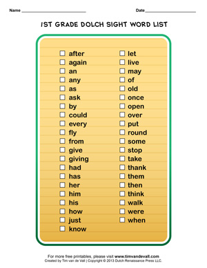 1st Grade Dolch Sight Words List