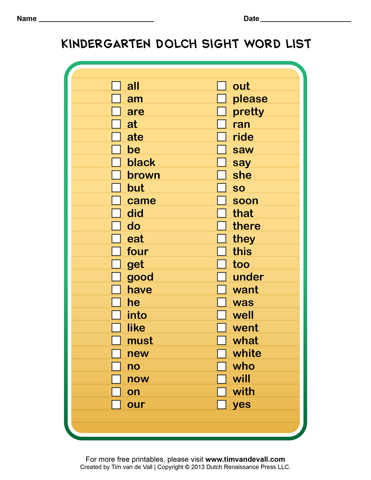first grade dolch sight words printable