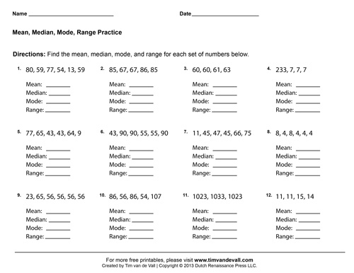 mean median mode range worksheets