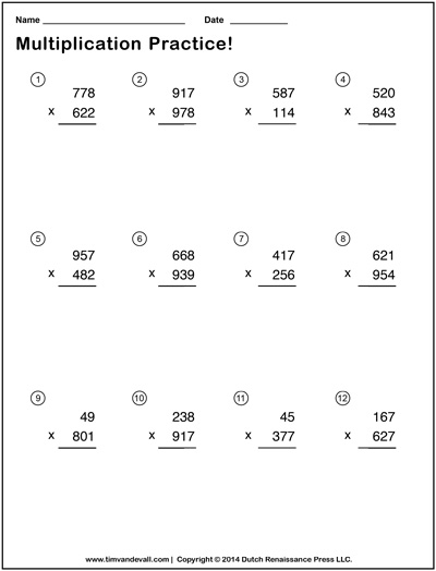 free triple digit multiplication worksheets