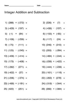 Adding and Subtracting Integers Worksheet | Math Printables