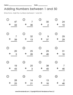 Addition to 50 Worksheet