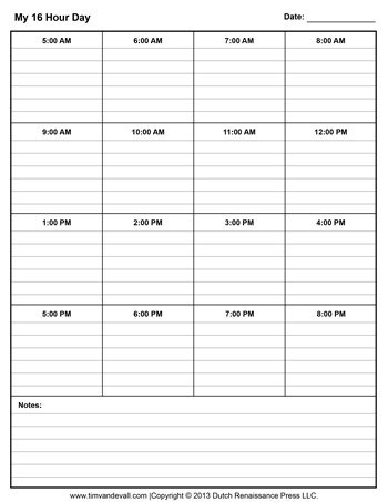 16-Hour Daily Schedule Template (5AM through 8PM)