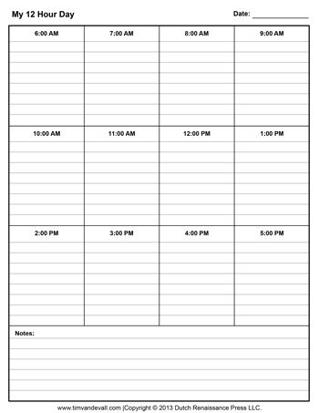 12-Hour Daily Schedule Template (6am through 5pm)