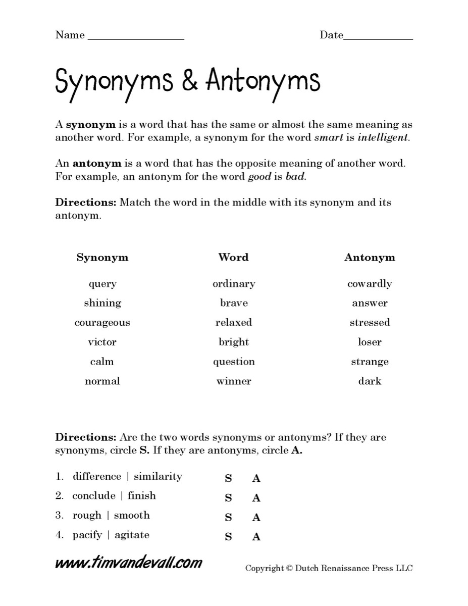 Synonyms and Antonyms Worksheet Tim's Printables