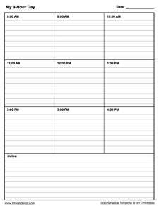 9-Hour Daily Schedule Template - 8AM through 4PM - Tim's Printables