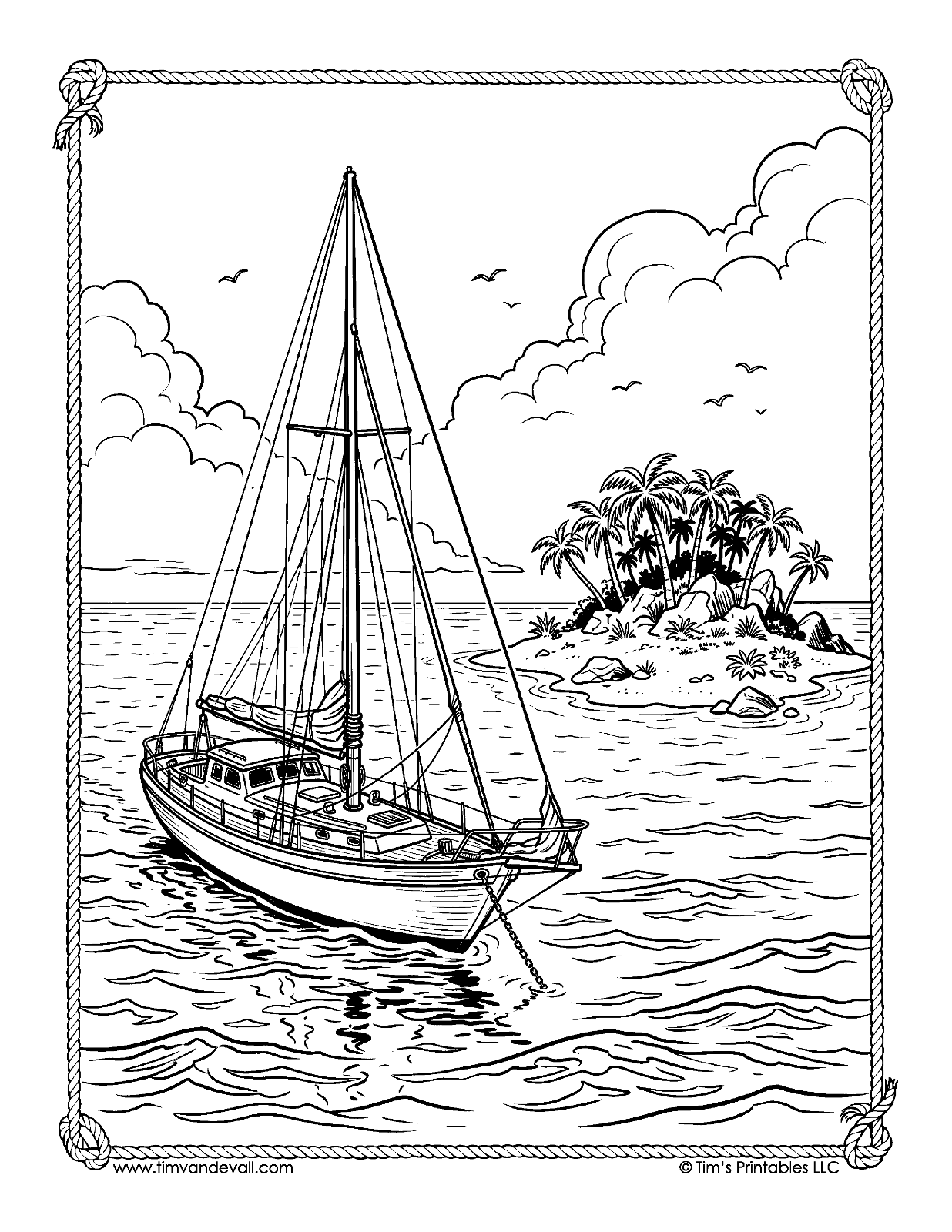Sailboat anchored near a small tropical island coloring page