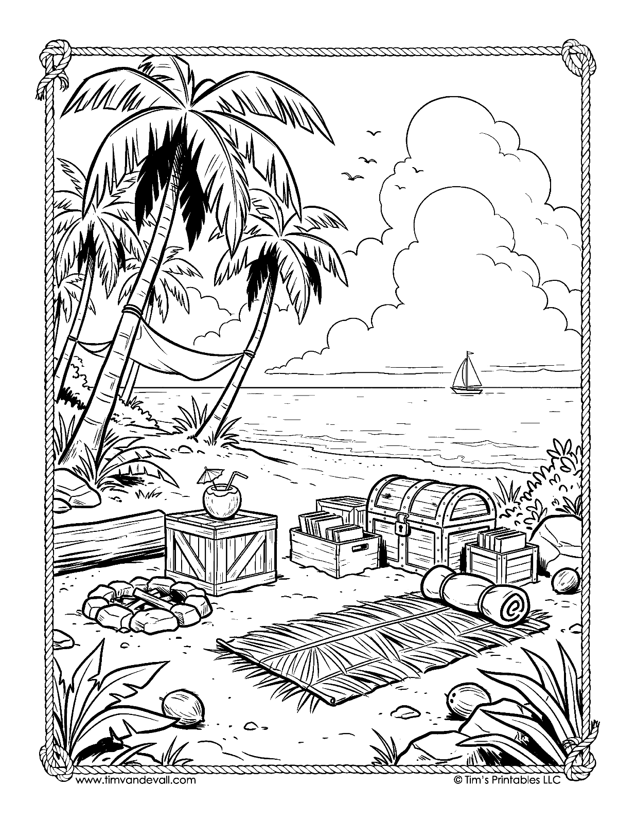Castaway beach camp with a treasure chest, crates and a hammock coloring page