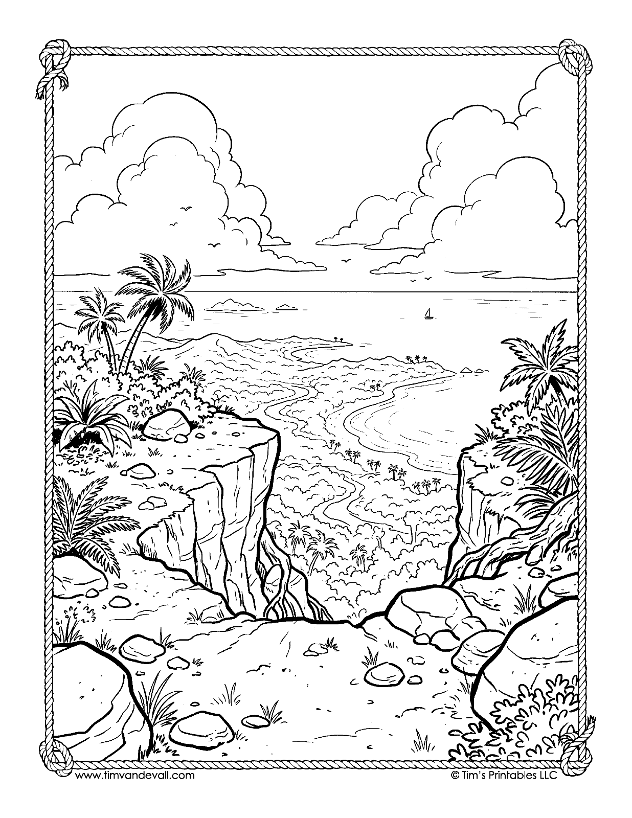 Rocky cliffs above a tropical lagoon coloring page