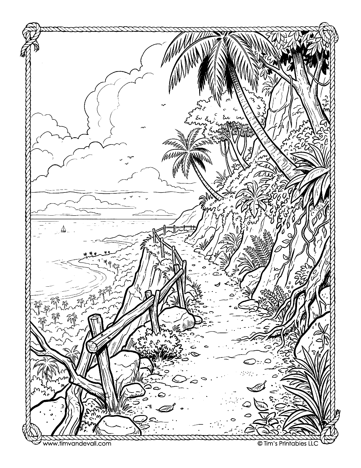 Jungle path along island cliffs through palm trees coloring page