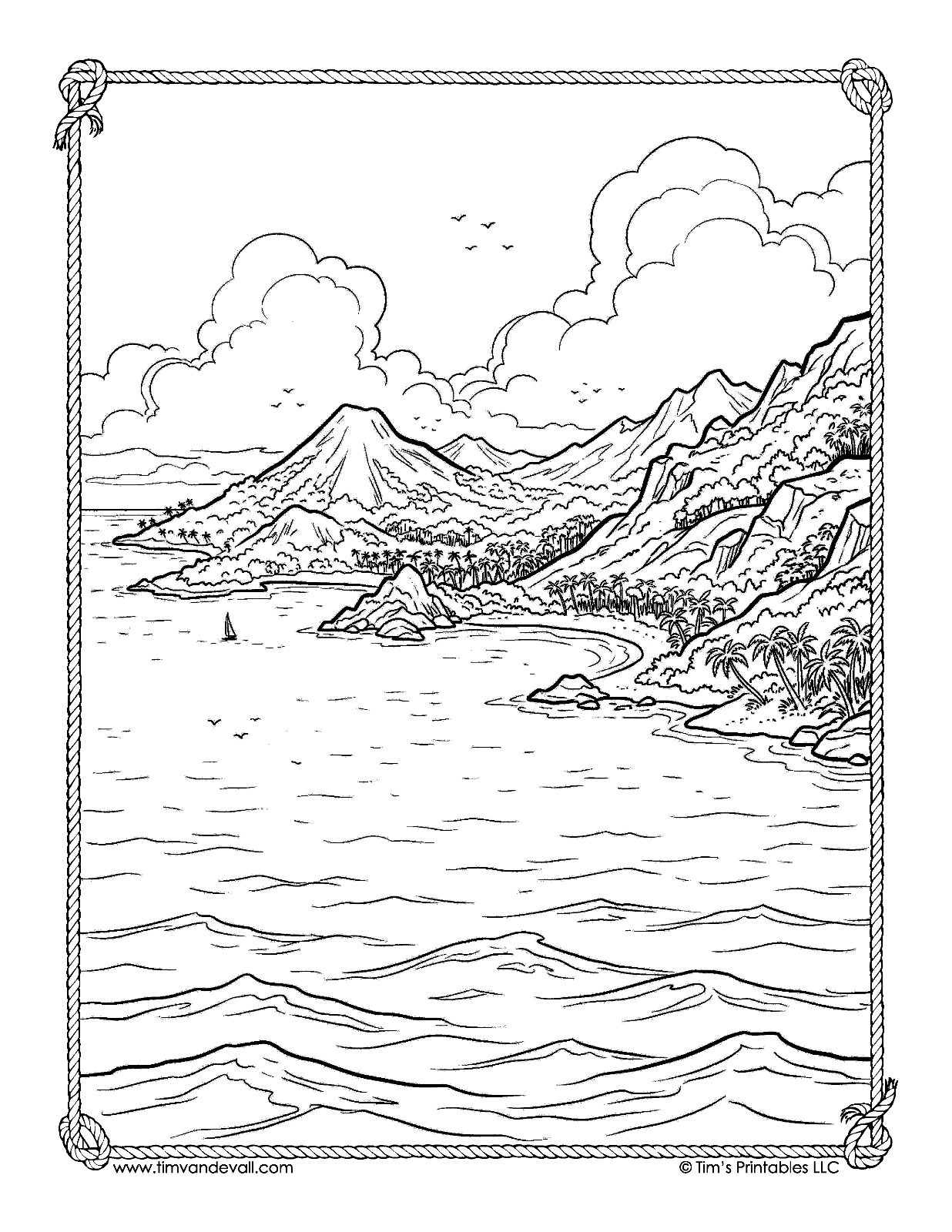 Mountainous tropical island coastline coloring page