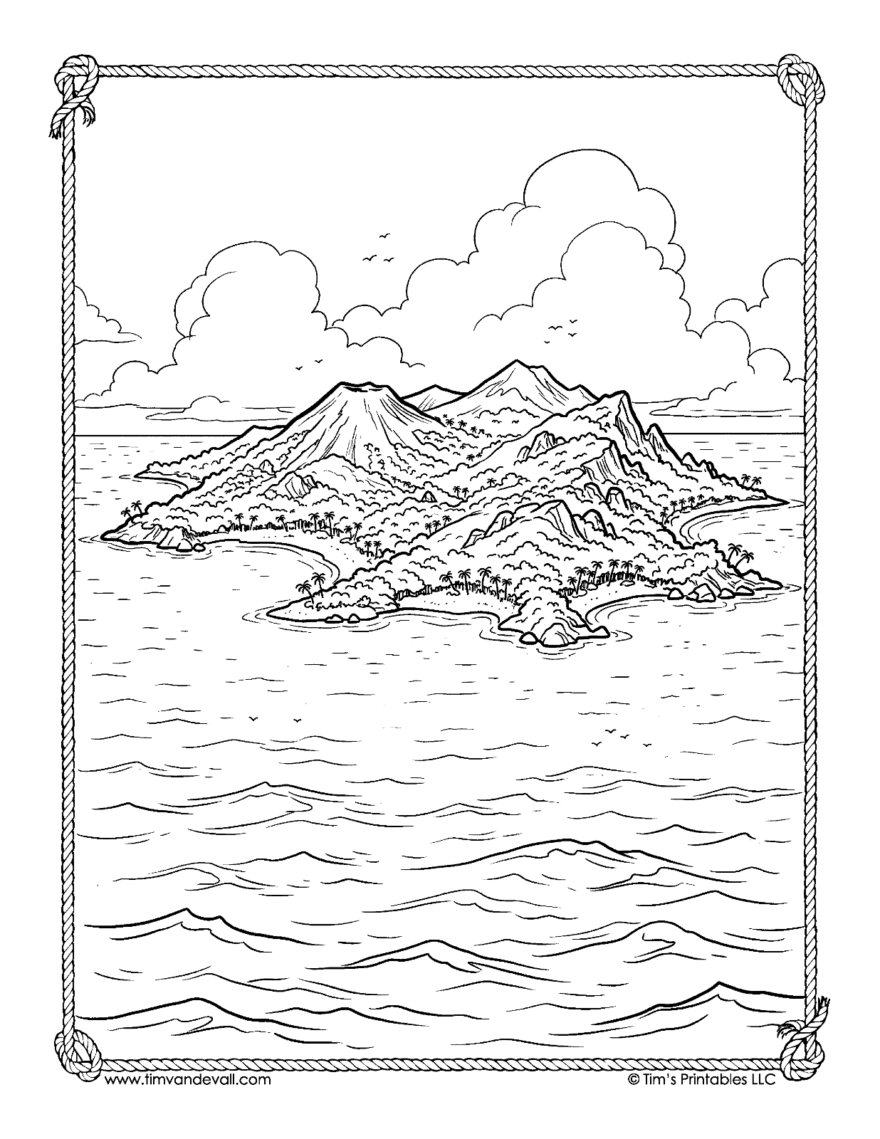 Tropical island seen across the open sea coloring page